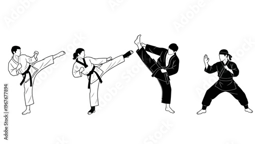 Line Drawing Illustration of Martial Artists Demonstrating High Kicks in Karate or Taekwondo