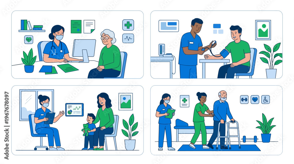 Fototapeta premium Medical consultations and patient care illustrations depicting various healthcare scenarios.