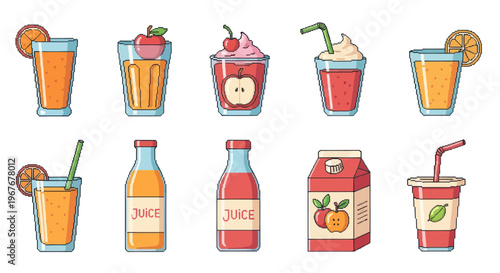 Flat Cartoon Vector Icons Set: Fruit Juice, Smoothies, Bottles, and Carton for Food  Drink