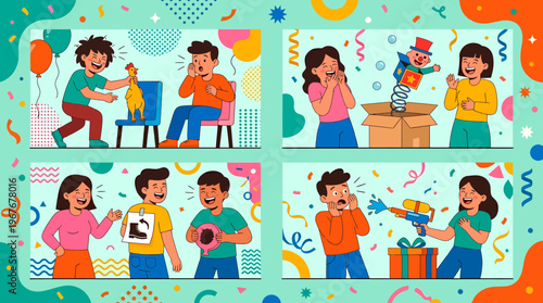Four panels depicting people reacting to surprise gifts and pranks.