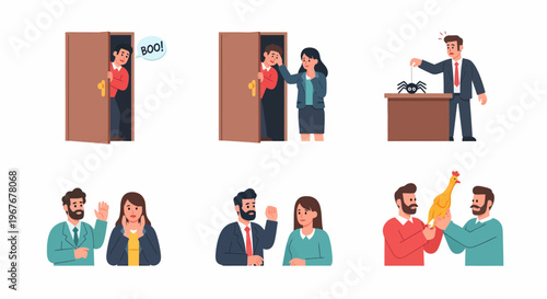Illustrations of Office Interactions and Celebrations.