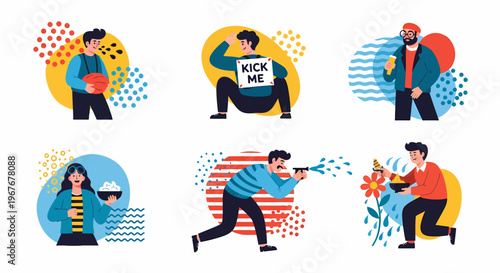 Illustrations of people in various activities and humorous situations.
