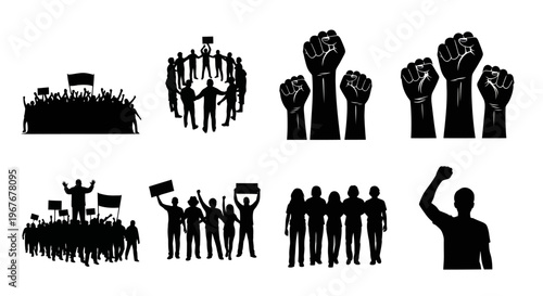 Activism and Protest Silhouettes: Demonstrating Crowds, Raised Fists, Solidarity Groups