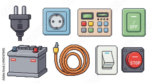 Retro Pixel Art Electrical  Home Utility Equipment Icons Collection