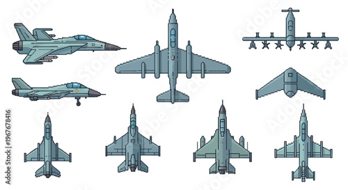 Military Aviation Pixel Art Icon Set: Fighter Jets, Warplanes, Bomber  Stealth Drone Collection