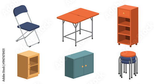 Isometric 3D Vector Illustrations of Colorful Furniture Including Chairs Tables Cabinets and Stools.