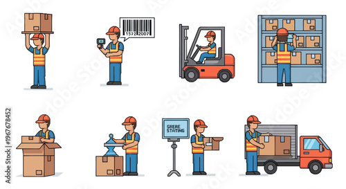 Warehouse Logistics Operations Flat Vector Icons Set. Shipping, Delivery, Inventory Management