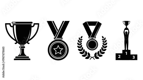 Set of Award Trophies and Medals Illustration Representing Achievement Recognition