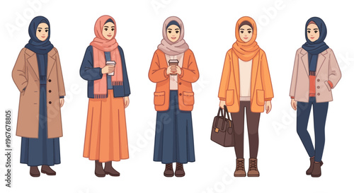 Flat Vector Illustration of Hijabi Women in Modest Autumn Winter Fashion Outfits