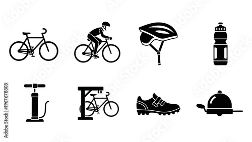 set of cycling and biking gear icons including helmet water bottle and bike repair tools minimal