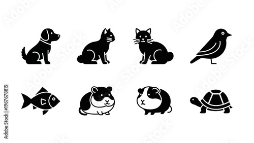 Set of cute black silhouette animals including dogs cats birds fish hamster turtle