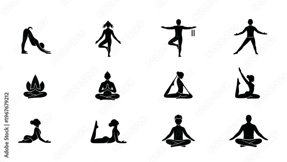 Obraz premium Silhouette Collection Depicting Various Yoga and Meditation Poses in a Minimalistic Style for