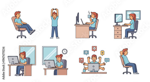 Office Workplace Wellness Flat Vector Illustration: People, Good Posture, Desk Work, Stretching