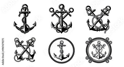 Black  White Nautical Marine Anchors Vector Glyph Set with Ropes
