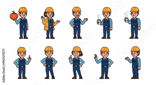 Industrial Hard Hat Worker Characters Set Flat Cartoon Vector Illustration