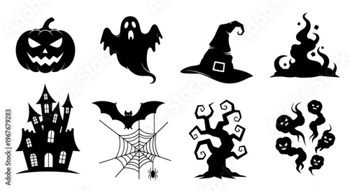 Halloween Silhouette Vector Icons Set - Spooky Symbols and Elements for Holiday Design