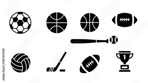 Silhouette Icon Set of Various Sports Equipment and Balls in Black and White