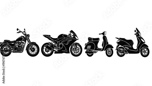 Silhouette Illustration of Four Different Motorized Vehicles Including Motorcycle Scooter and