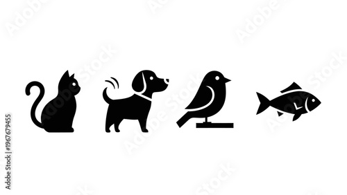 Simple Set of Four Black Silhouettes Depicting a Cat a Dog a Bird and a Fish in a Minimalist Style
