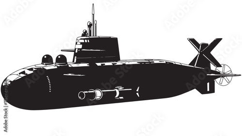 Silhouette of a Submarine in Profile with Periscope and Propeller.