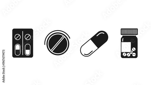 Simplified medical icons illustrating medication and health tools in black and white style