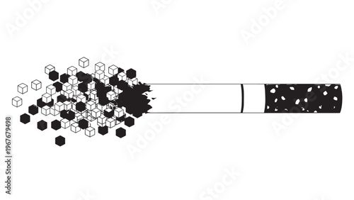 Close-up of a cigarette with scattered tobacco particles on a white background.