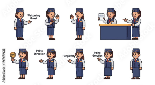 Female Service Worker Cartoon Vector Set for Hospitality  Travel Industry Gestures
