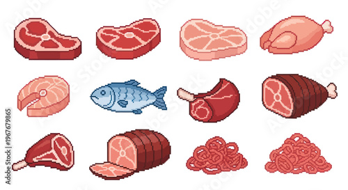 Food Industry Isometric Pixel Art Icons Set of Raw Meat, Fish, Poultry  Ham