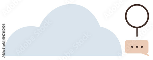 Cloud computing, data storage, technology search, online communication, digital networking, information access. Large cloud shape with magnifying glass and speech bubble. Cloud computing and data
