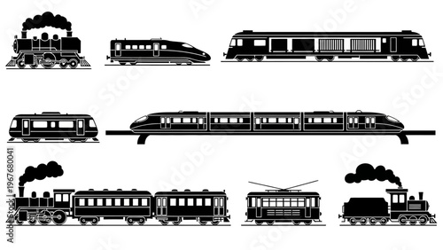 Black and White Silhouettes of Various Passenger and Freight Trains Including Steam and Modern