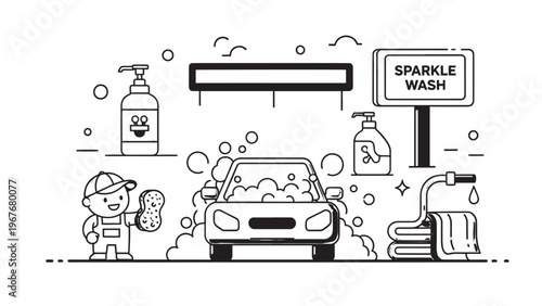 Children Enjoying a Car Wash at a Self-Service Station on a Sunny Day.