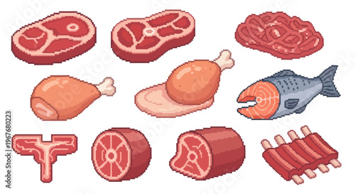 Food Pixel Art Meat  Protein Assortment: Game Assets for Culinary Design