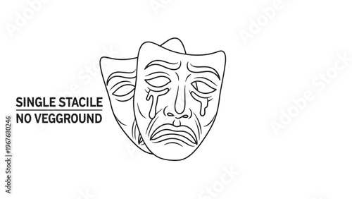 Minimalist Line Drawing of a Sad Theater Mask with No Background.