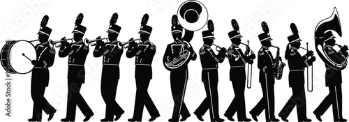 Marching band parade silhouettes with brass and percussion musicians walking in uniform isolated on white background vector illustration