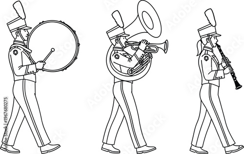 Marching band musicians playing drum tuba and clarinet in uniform parade line art illustration isolated on white background