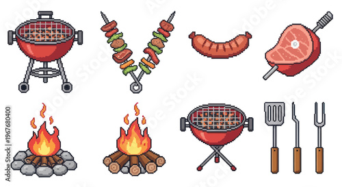 Pixel Art Barbecue and Grilling Food, Tools, and Campfire Elements Icon Set