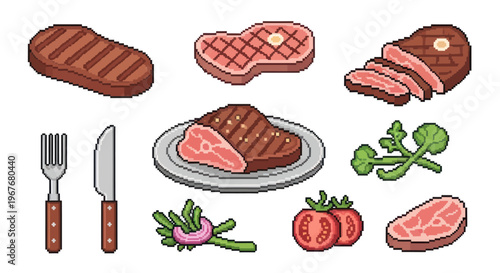 Food Industry Pixel Art Steaks, Meat Cuts, and Utensils Icon Set