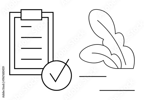 Sustainability, organization, eco-friendly living, task management, goals tracking, checklist icon. A clipboard with a checkmark and leaves. Organization and eco-friendly living concept