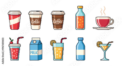 Food and Drink Pixel Art Beverage Icons Set: Coffee, Milk, Juice, Soda, Cocktail Collection