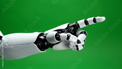 White robotic hand pointing finger on green screen background
