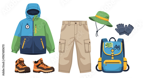 Colorful Outdoor Hiking Gear and Clothing Illustration Set.