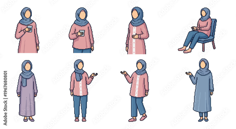 Fototapeta premium Muslim Women Lifestyle Flat Vector Character Illustrations in Diverse Poses