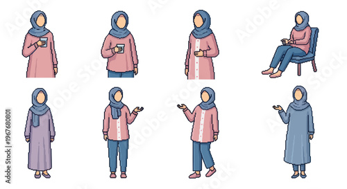 Muslim Women Lifestyle Flat Vector Character Illustrations in Diverse Poses
