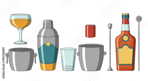 Vector Illustration Set of Cocktail Shaker Bar Tools and Glasses.