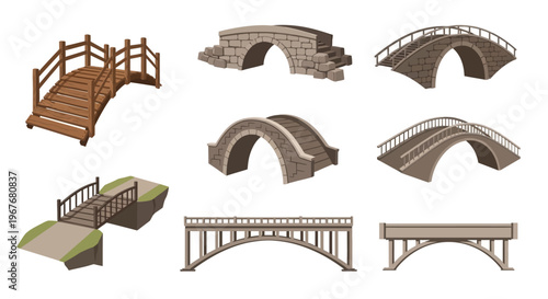 Diverse Collection of Vector Bridge Illustrations in Flat Style.