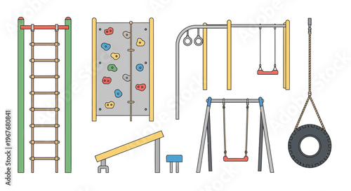 Vector Illustration of Outdoor Playground Equipment Including Swings Climbers and Balance Beams.