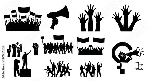 Activism Protest Vector Silhouette Icons Set: People, Hands, Fists, Megaphones, Flags