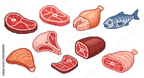 Food Industry Pixel Art Isometric Icon Set: Raw Meat, Fish, and Poultry Protein Collection