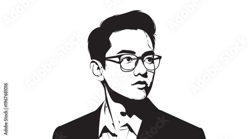 Black and White Portrait of a Woman Wearing Glasses and Formal Attire.