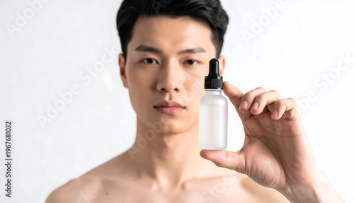 A young Asian man holds up a small clear bottle with a dropper, showcasing a male skincare product against a white background.